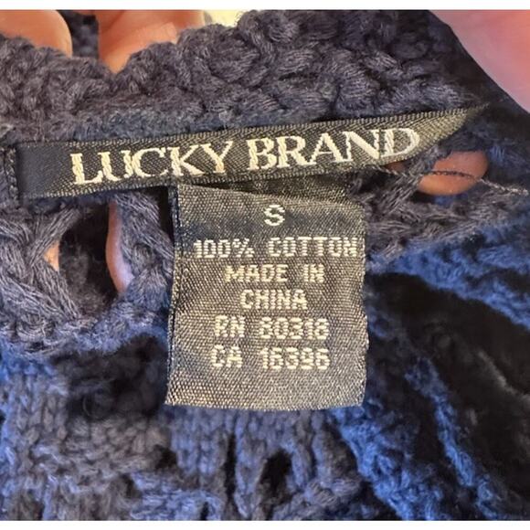 Lucky Brand Navy Blue Crochet Sweater Women’s Size Small Button Back Knit Boho - Picture 5 of 8